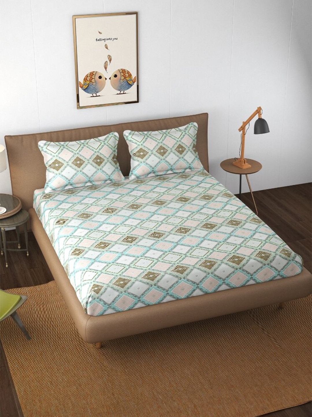 

ATRAENTA White & Turquoise Blue Geometric 210 TC Fitted Queen Bedsheet & 2 Pillow Covers