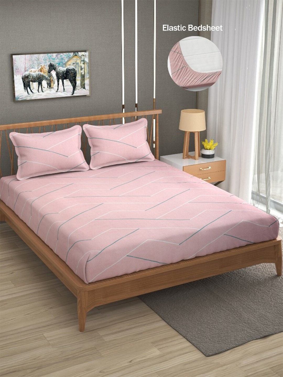 

ATRAENTA Pink & Green Geometric 210 TC Fitted Queen Bedsheet with 2 Pillow Covers