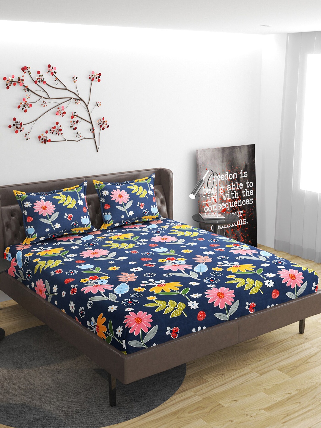 

ATRAENTA Navy Blue & Pink Floral 210 TC Fitted Queen Bedsheet with 2 Pillow Covers