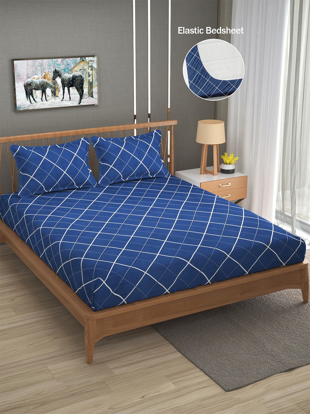 

ATRAENTA Blue & White Geometric 210 TC Fitted Queen Bedsheet with 2 Pillow Covers