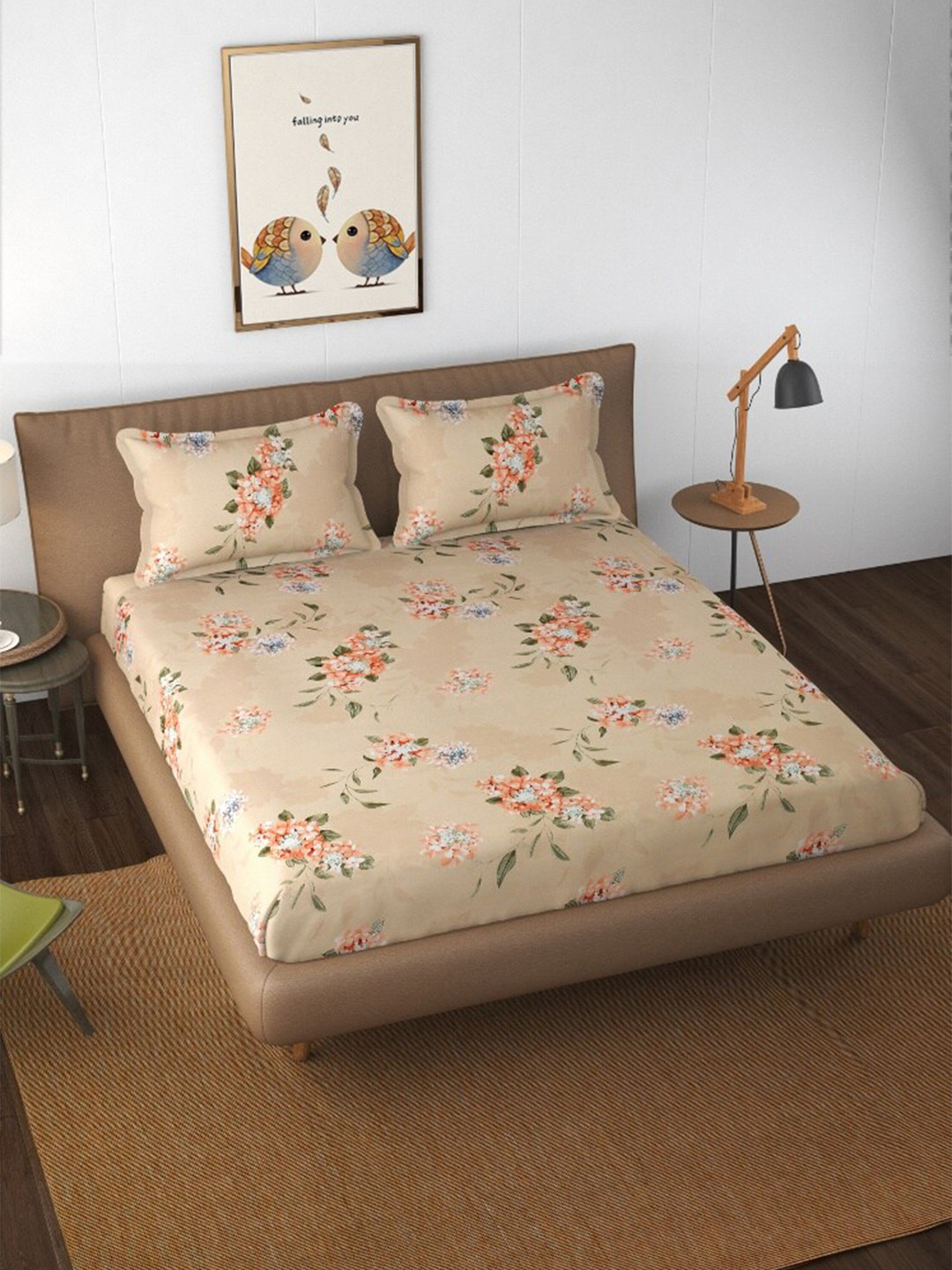 

ATRAENTA Cream-Coloured & Pink Floral 210 TC Fitted Queen Bedsheet with 2 Pillow Covers