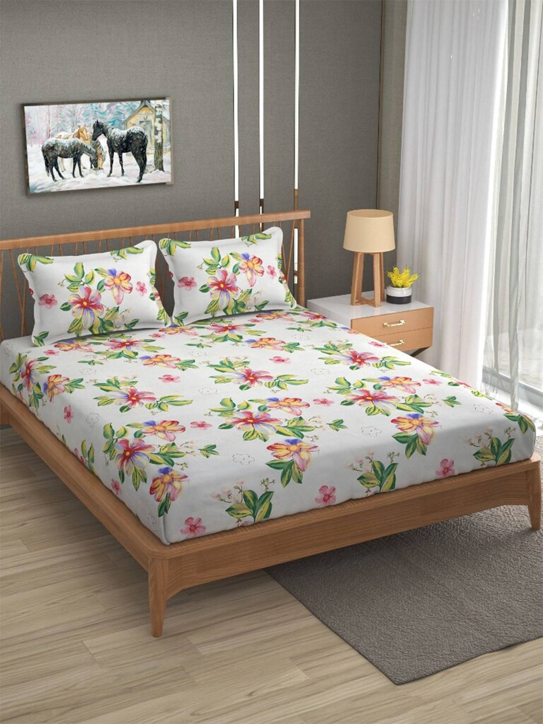

ATRAENTA White & Green Floral 210 TC Fitted Queen Bedsheet with 2 Pillow Covers