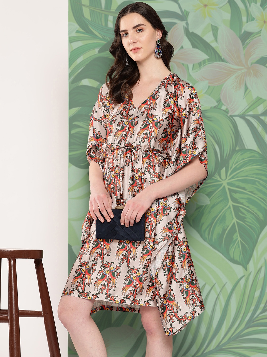 

InWeave Ethnic Motifs Satin Kaftan Dress, Beige