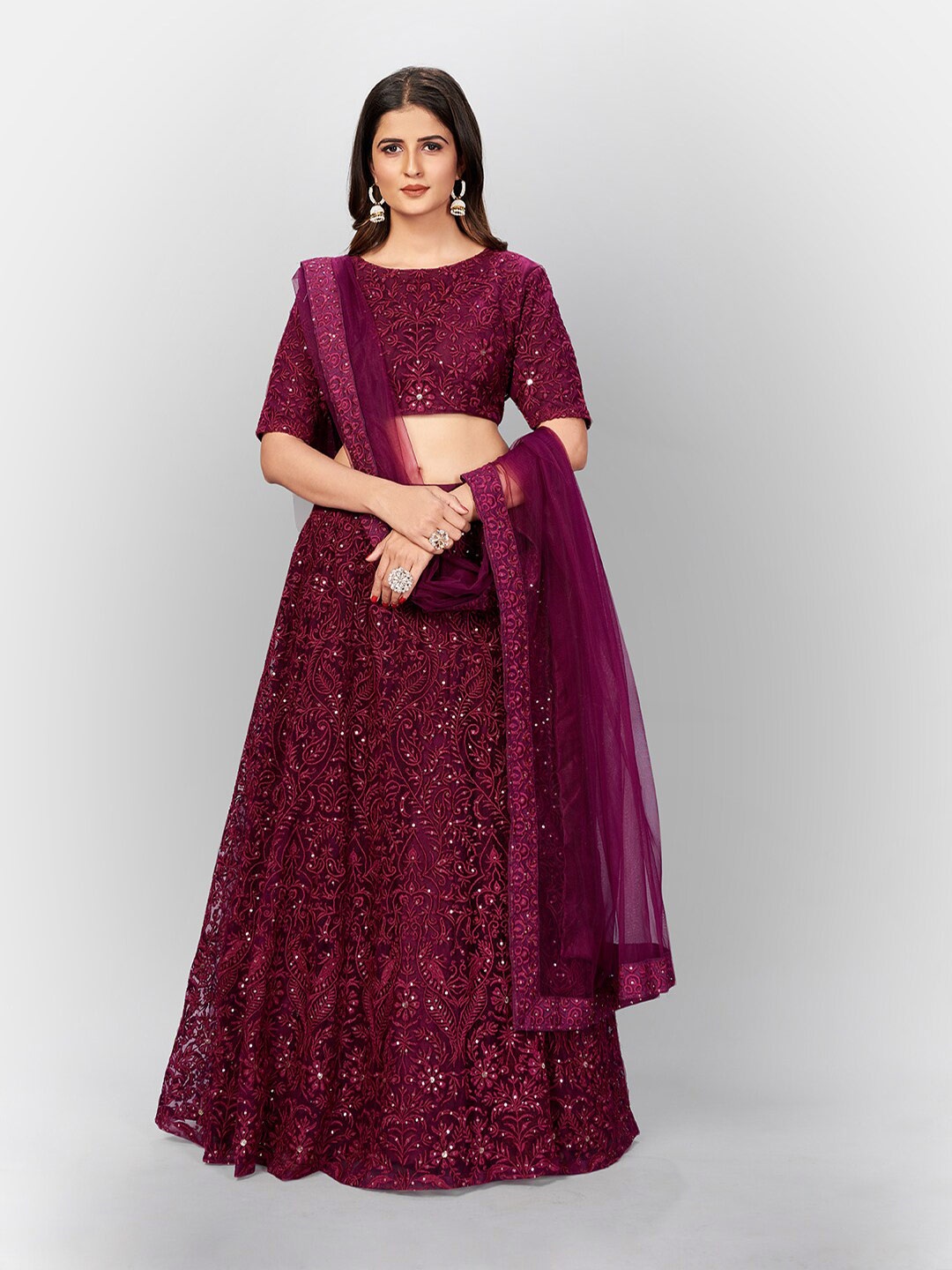 

RIVAMA Embroidered Net Shibori Semi-Stitched Lehenga & Blouse With Dupatta, Purple