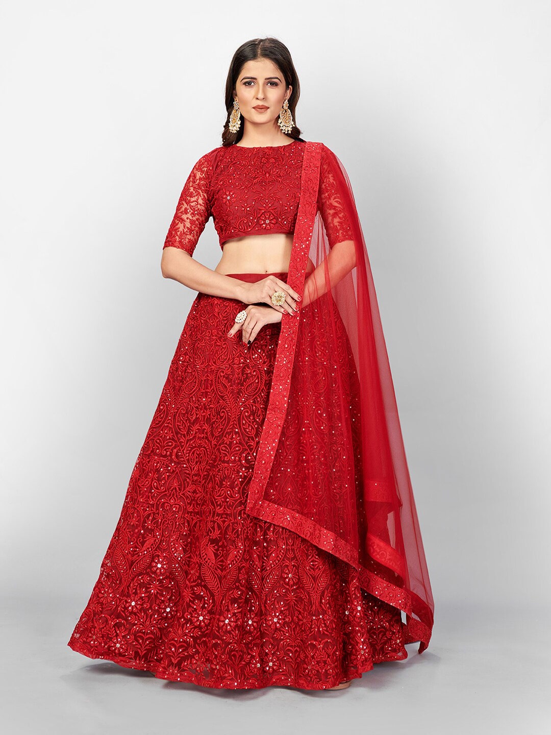 

RIVAMA Embroidered Net Shibori Semi-Stitched Lehenga & Blouse With Dupatta, Red