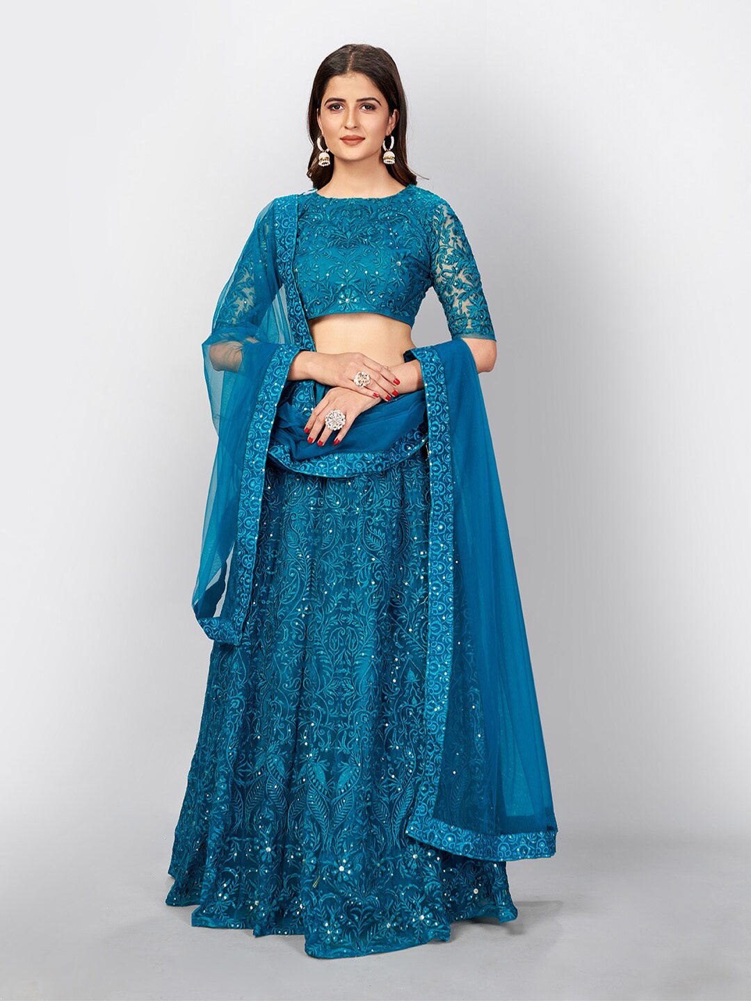 

RIVAMA Embroidered Sequinned Semi-Stitched Lehenga & Blouse With Dupatta, Blue