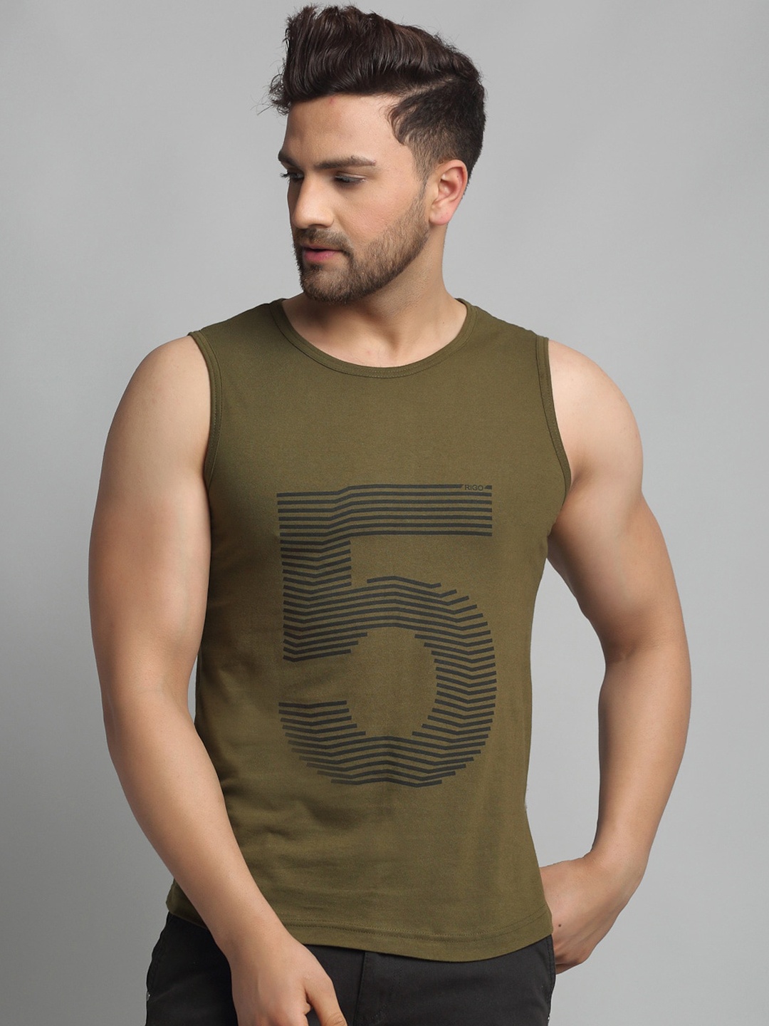 

Rigo Numerical Printed Slim-Fit Pure Cotton Innerwear Tank Vests, Olive