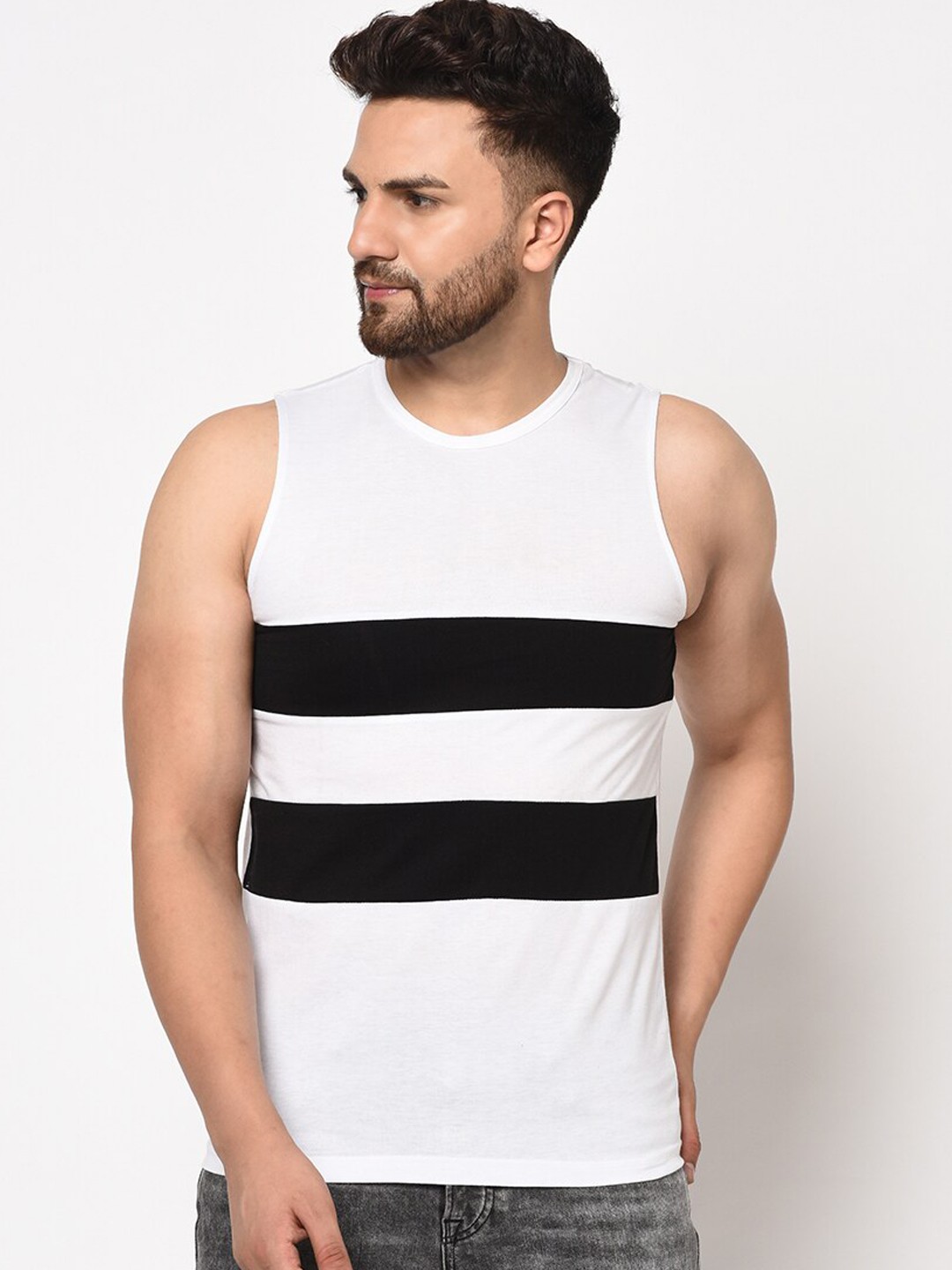 

Rigo Men Sleeveless Colourblocked Cotton T-shirt, White