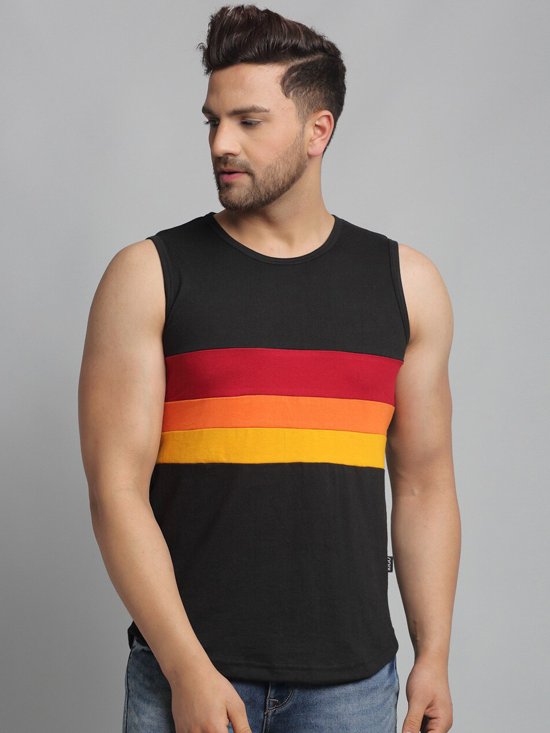 

Rigo Men Black Striped Cotton T-shirt