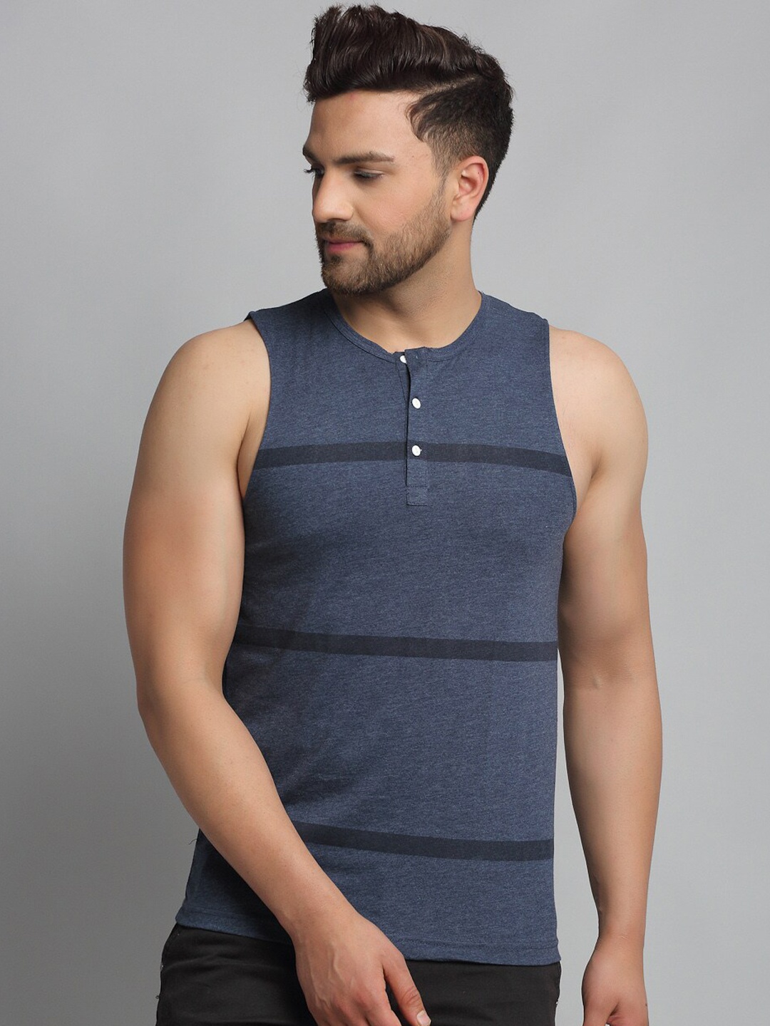 

Rigo Men Striped Henley Neck Slim Fit Sleeveless Vest T-shirt, Blue