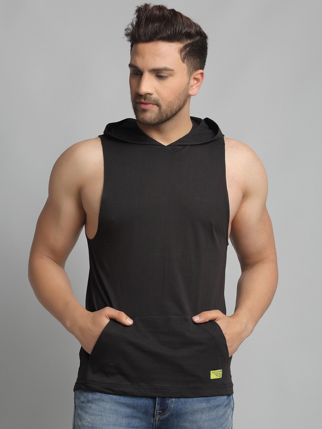

Rigo Hooded Sleeveless Cotton Slim Fit Vest T-Shirt, Black