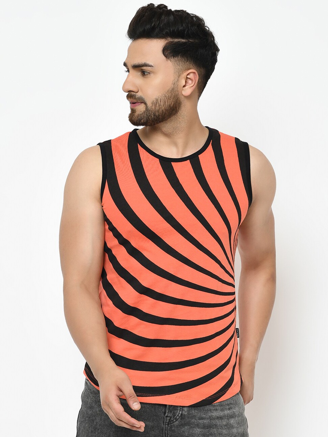 

Rigo Graphic Printed Sleeveless Round Neck Slim Fit Cotton T-shirt, Coral
