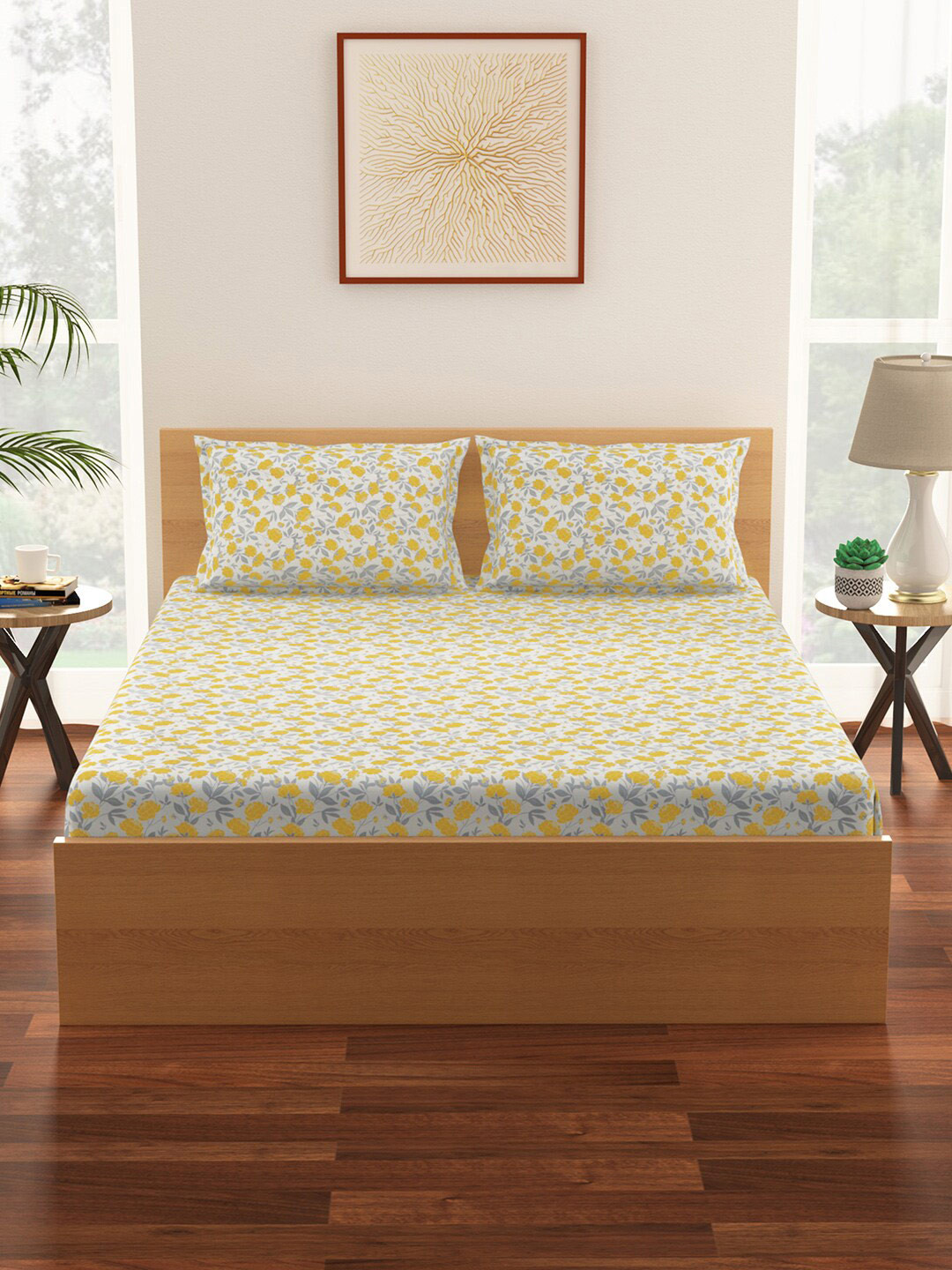 

Living scapes by Pantaloons White & Yellow Floral Flat Queen Bedsheet with 2 Pillow Covers