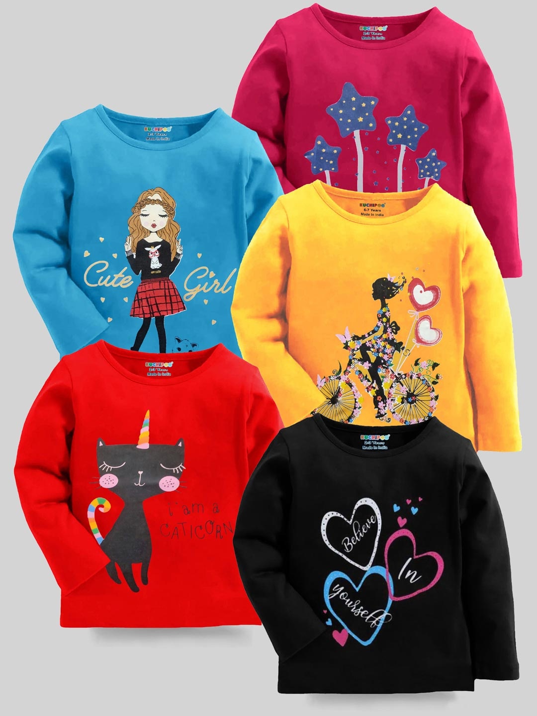 

KUCHIPOO Girls Pack of 5 Printed T-shirt, Blue