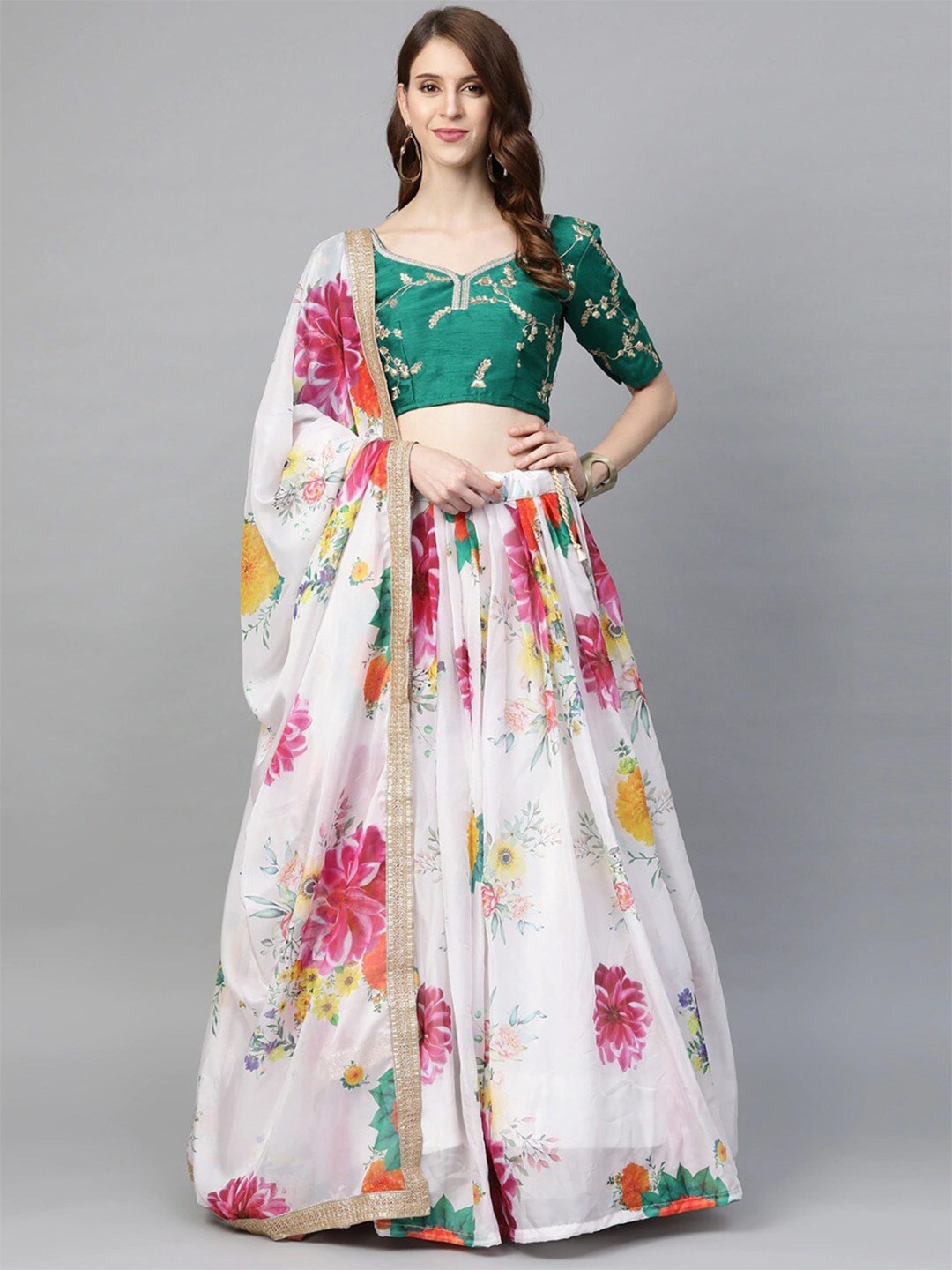 

RIVAMA Embroidered Sequinned Semi-Stitched Lehenga & Blouse With Dupatta, White