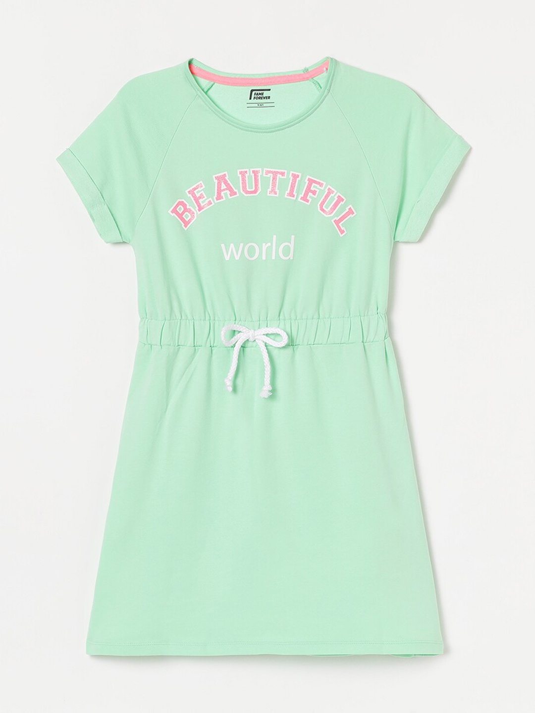 

Fame Forever by Lifestyle Girls Typography Printed Pure Cotton A-Line Dress, Green