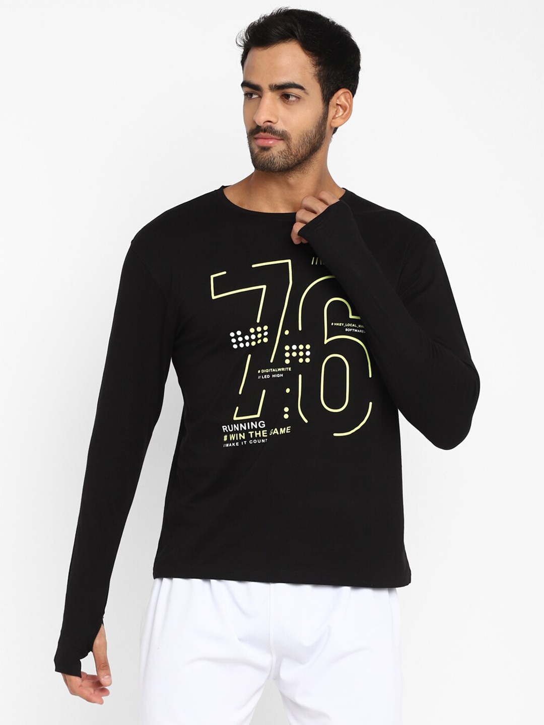 

appulse Printed Long Thumb Hole Sleeve Cotton T-shirt, Black