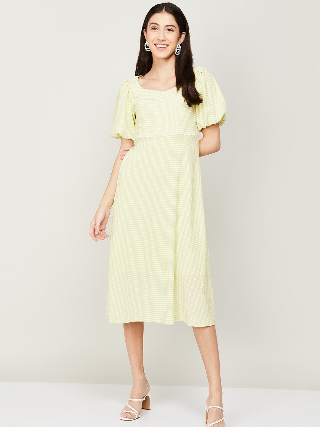 

CODE by Lifestyle Striped Puff Sleeves A-Line Midi Dress, Green