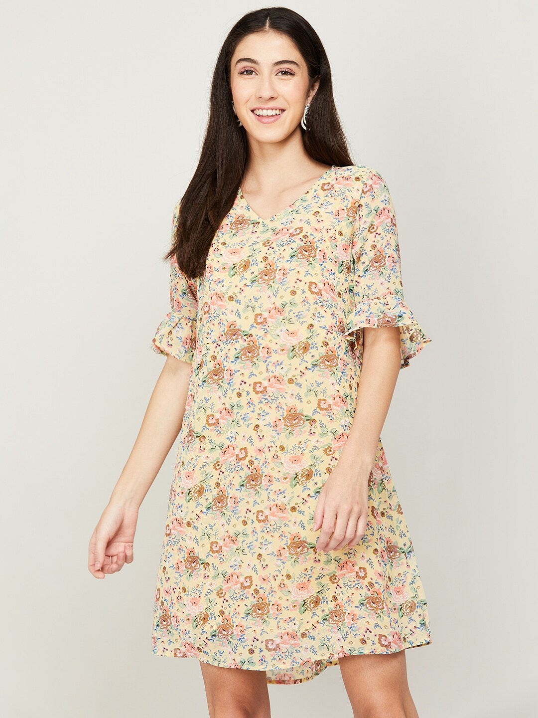 

Fame Forever by Lifestyle Floral Printed V-Neck Georgette A-Line Dress, Yellow