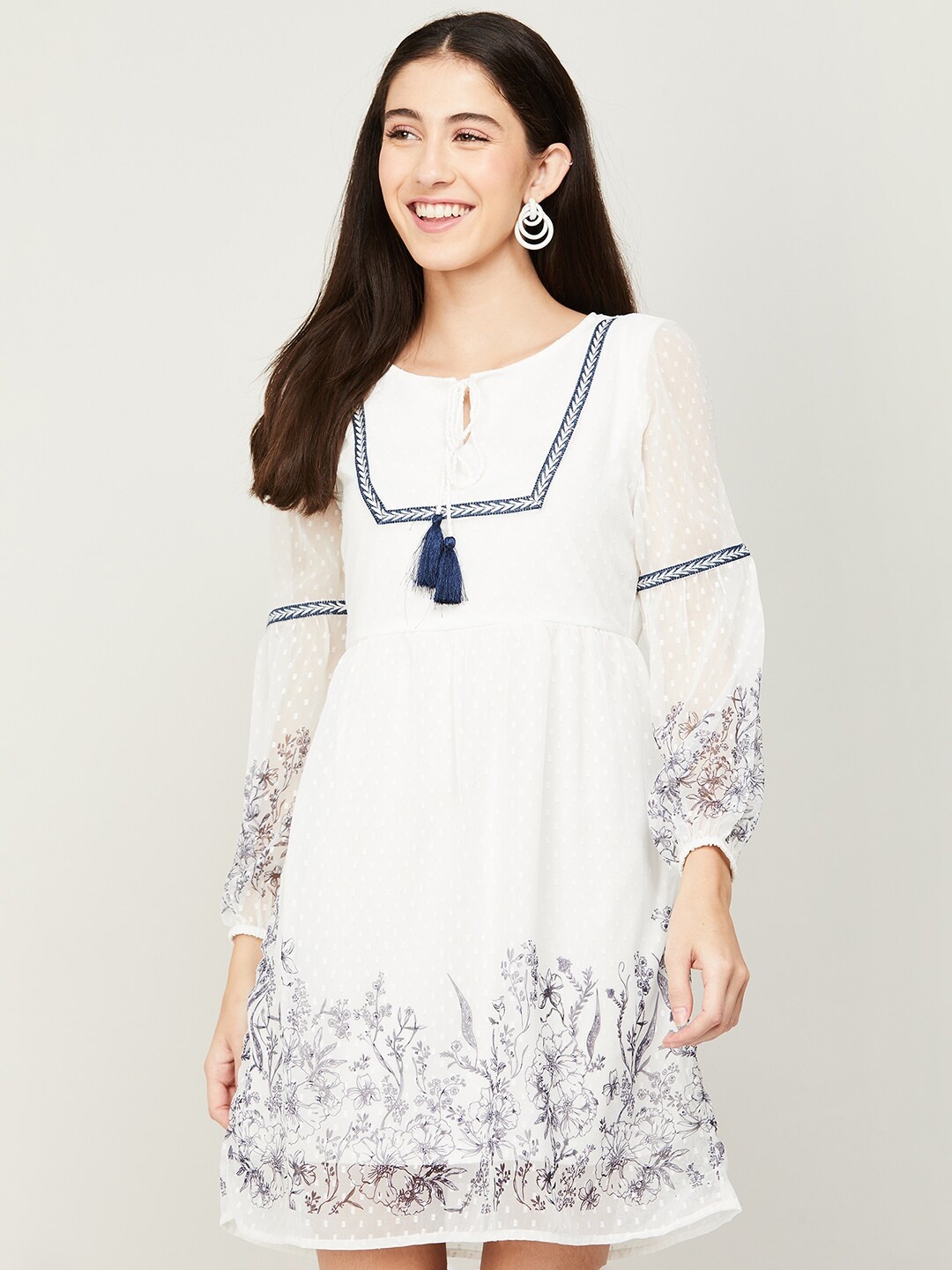 

Fame Forever by Lifestyle Tie-Up Neck Floral Printed A-Line Dress, White
