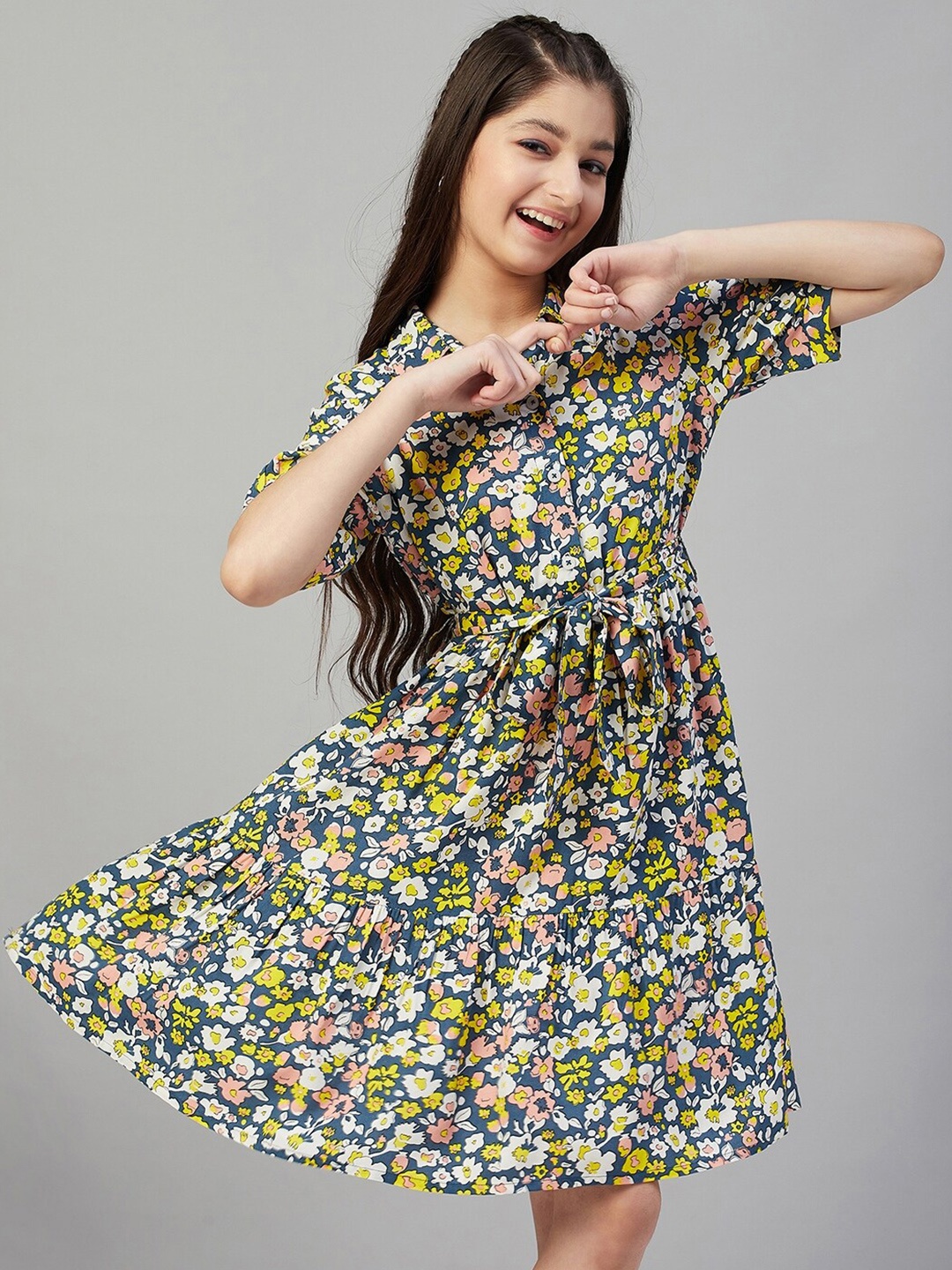 

Stylo Bug Girls Shirt Collar Floral Printed A-Line Dress, Green