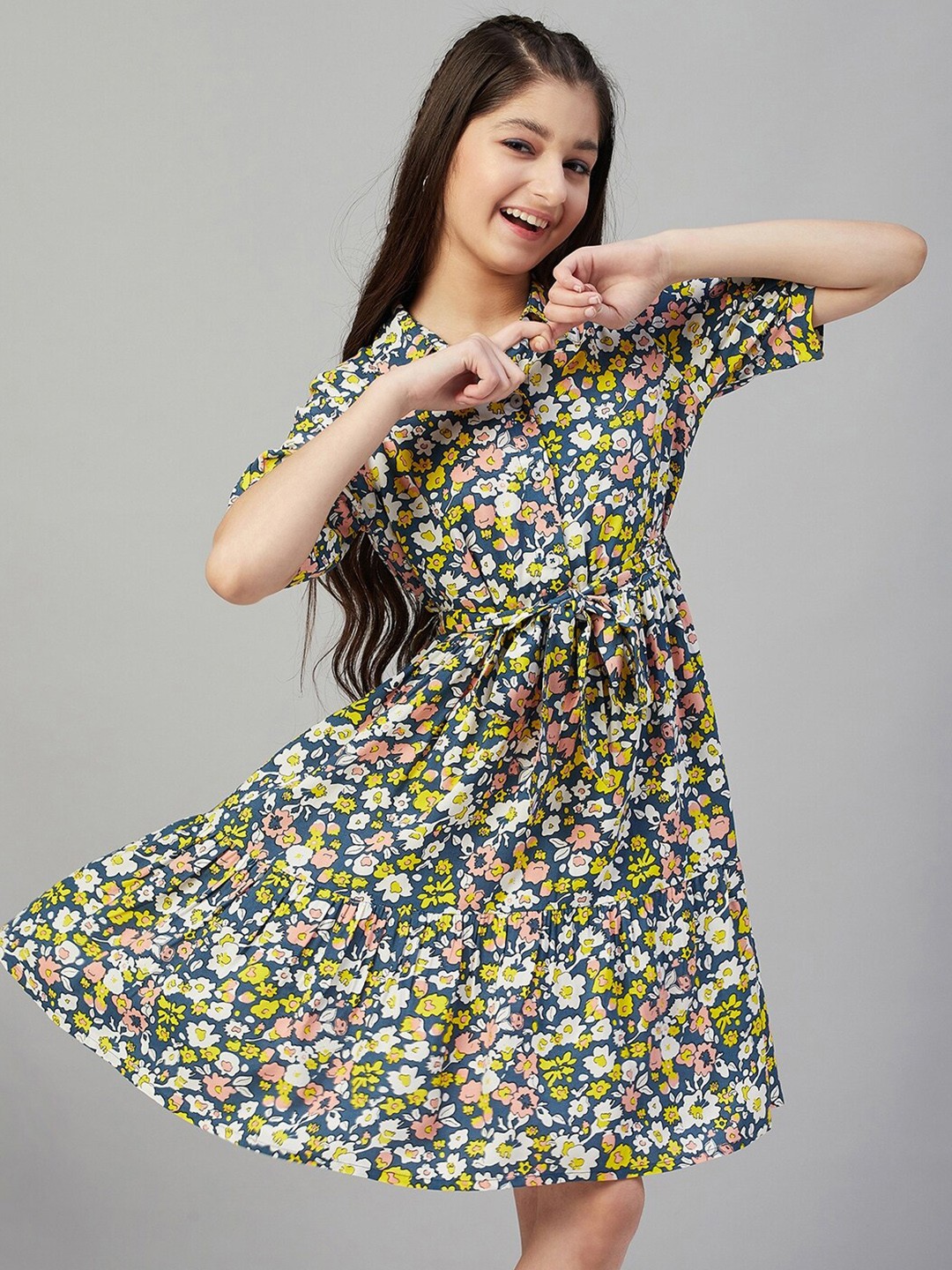 

Stylo Bug Girls Shirt Collar Floral Printed A-Line Dress, Green