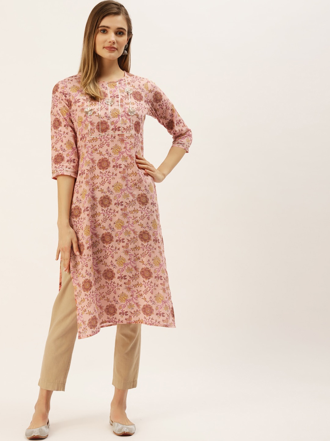 

Maaesa Floral Printed Gotta Patti Pure Cotton Kurta, Pink