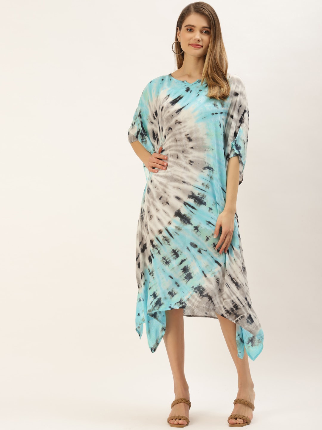 

Maaesa Women Tie and Dye Dyed Kaftan Midi Dress, Blue