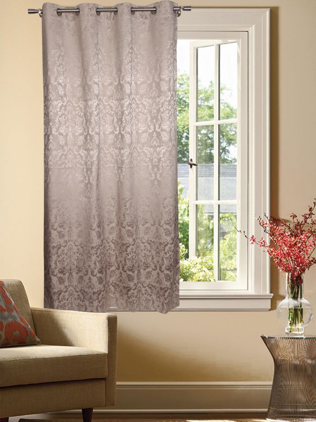 

Home Fiore Grey Floral Jacquard Room Darkening Window Curtain, Silver