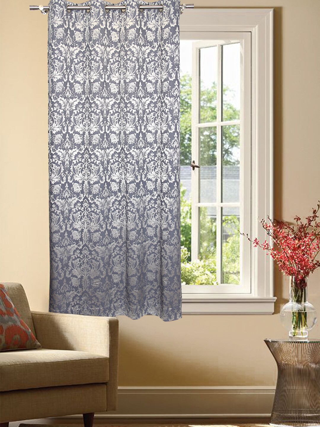 

Home Fiore Blue & White Floral Jacquard Room Darkening Window Curtain