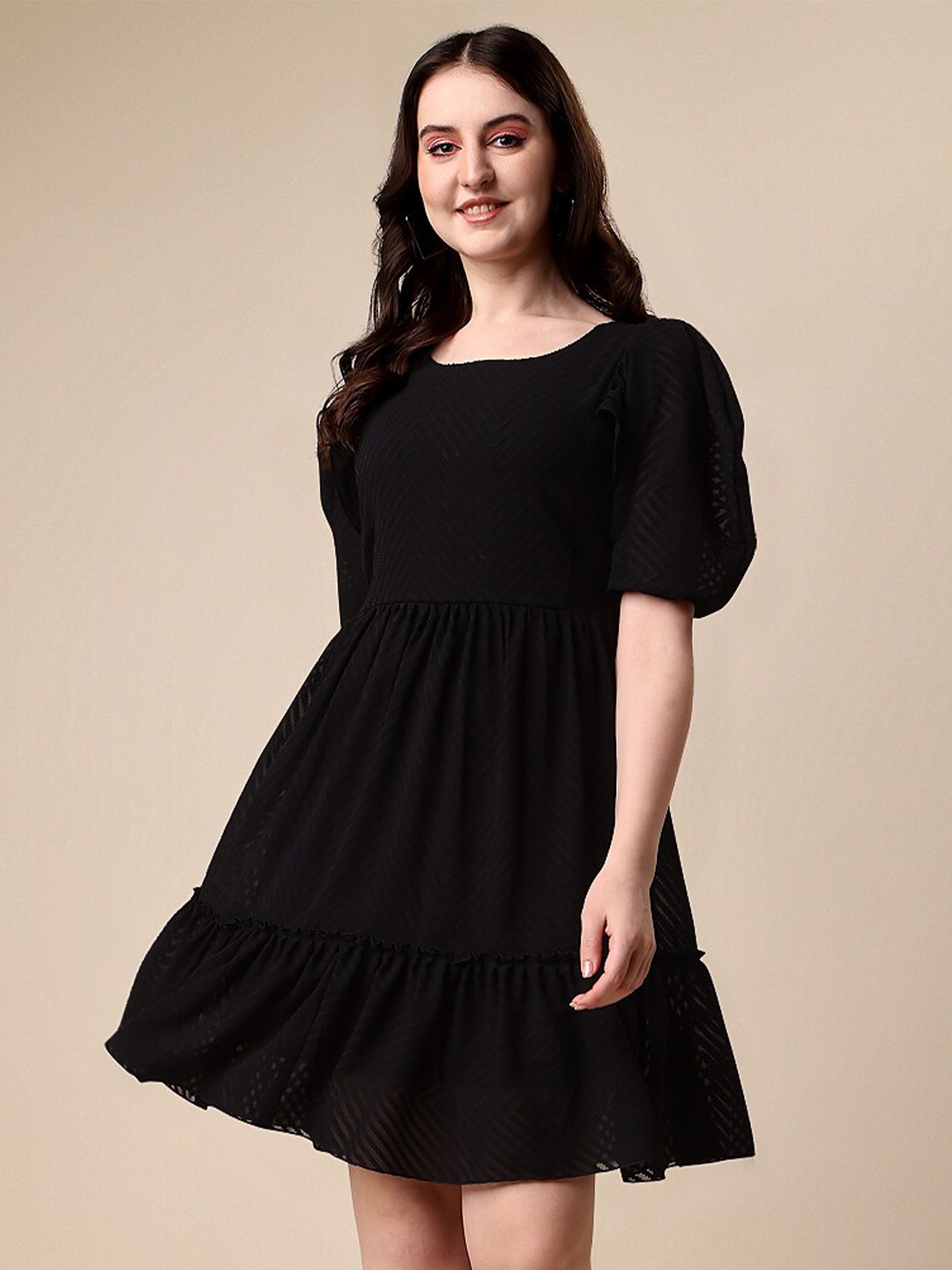 

SHEETAL Associates Puff Sleeves Flared Georgette A-Line Dress, Black