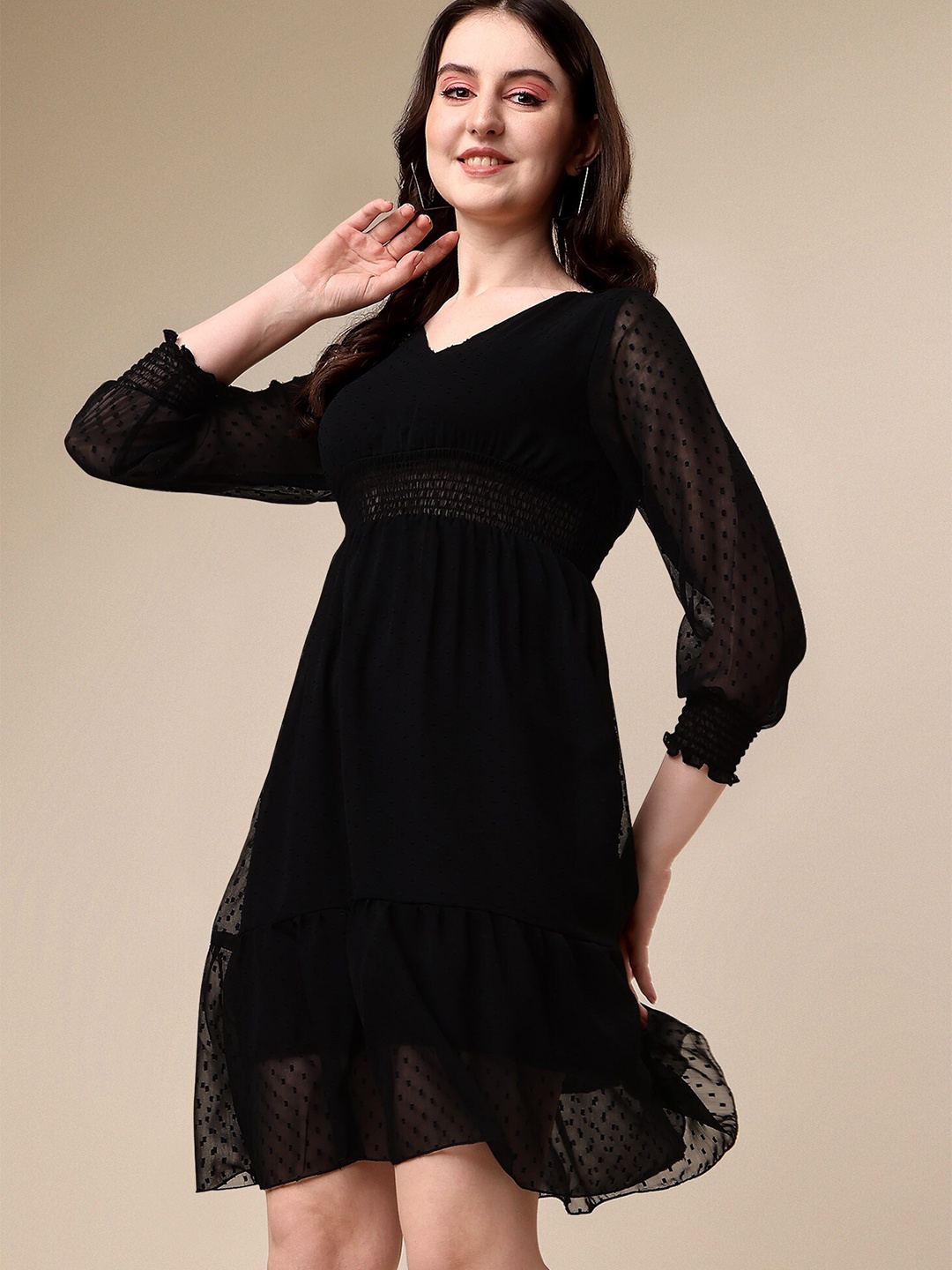 

SHEETAL Associates Self Design V Neck Georgette A-Line Dress, Black