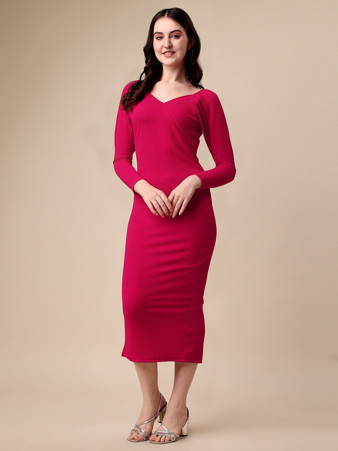 

SHEETAL Associates V Neck Bodycon Midi Dress, Pink