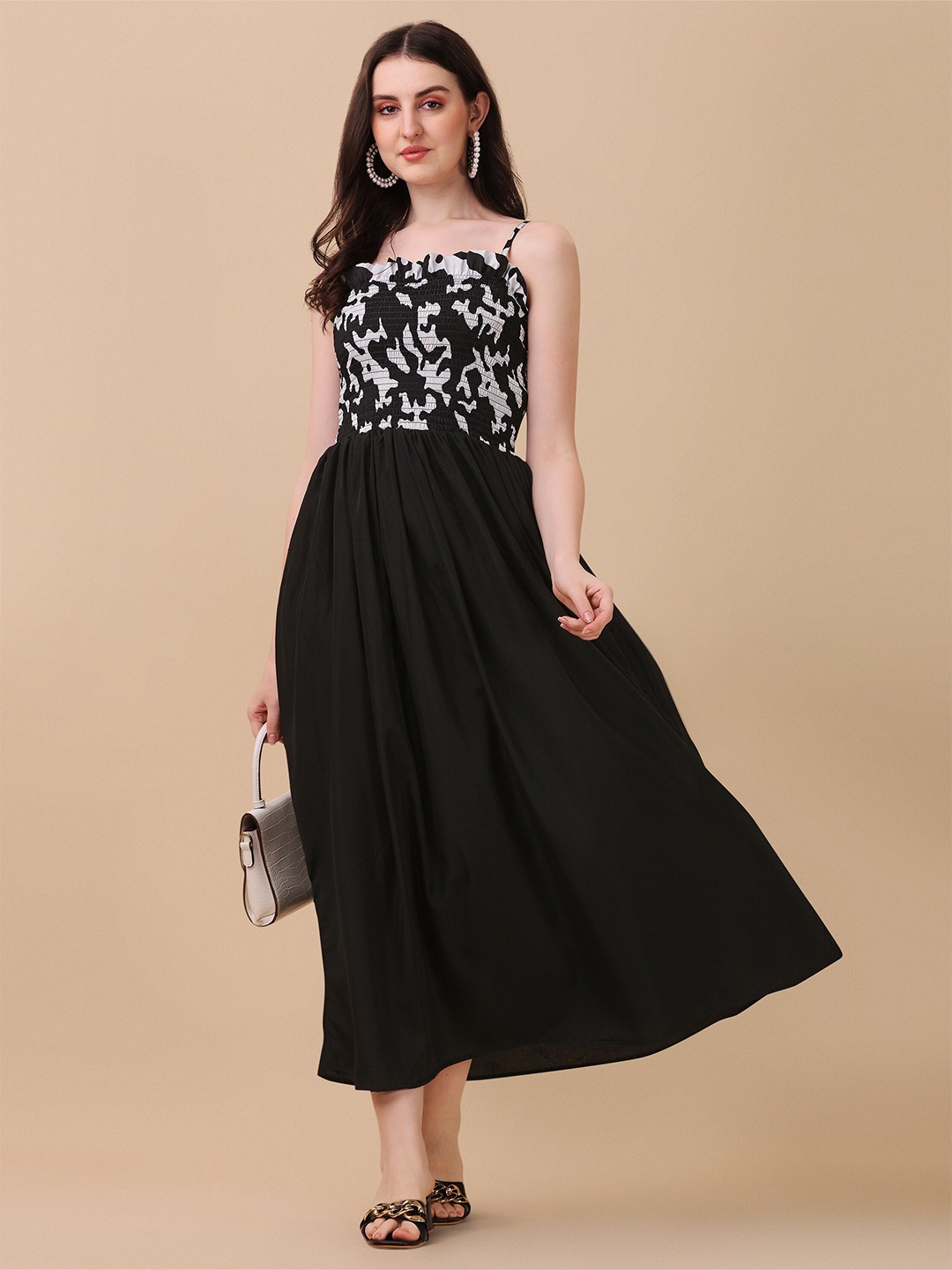 

SHEETAL Associates Printed Shoulder Strap Smocked A-Line Dress, Black