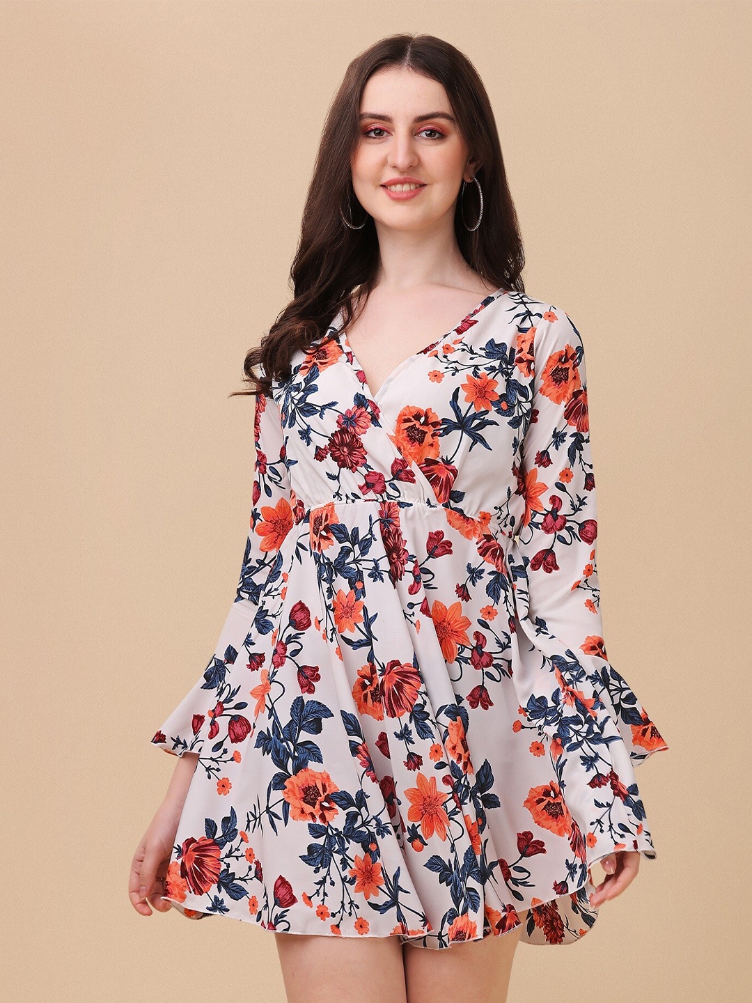 

SHEETAL Associates Floral Printed V Neck Wrap Dress, Cream
