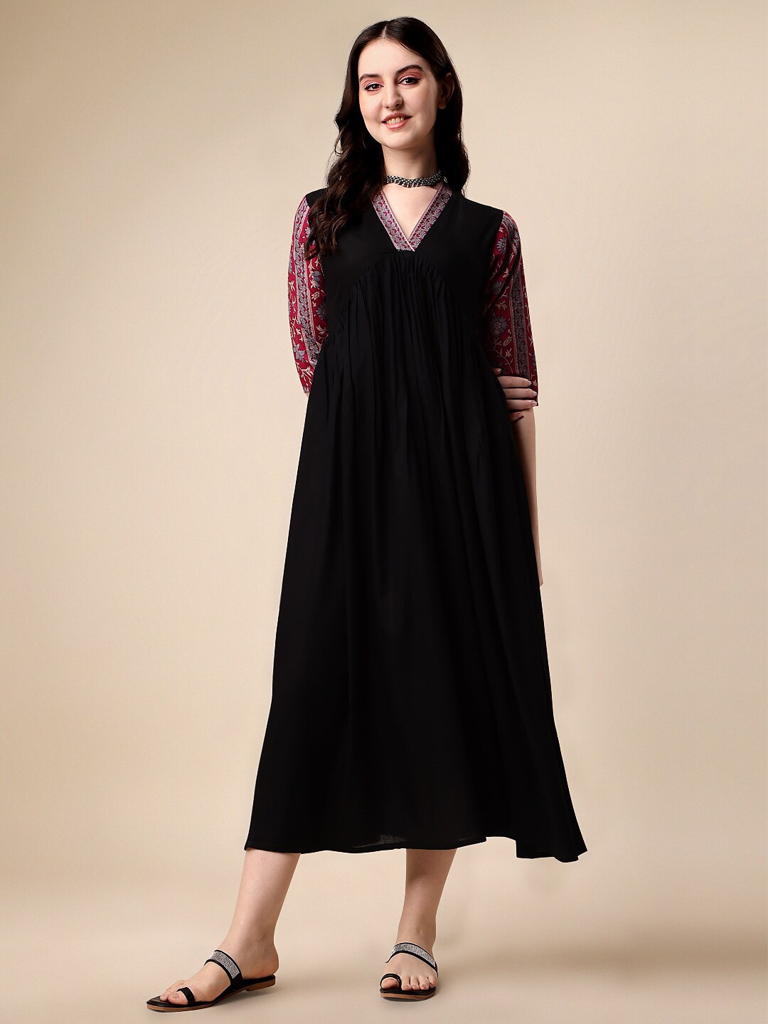 

SHEETAL Associates Ethnic Motifs Printed V-Neck A-Line Midi Dress, Black