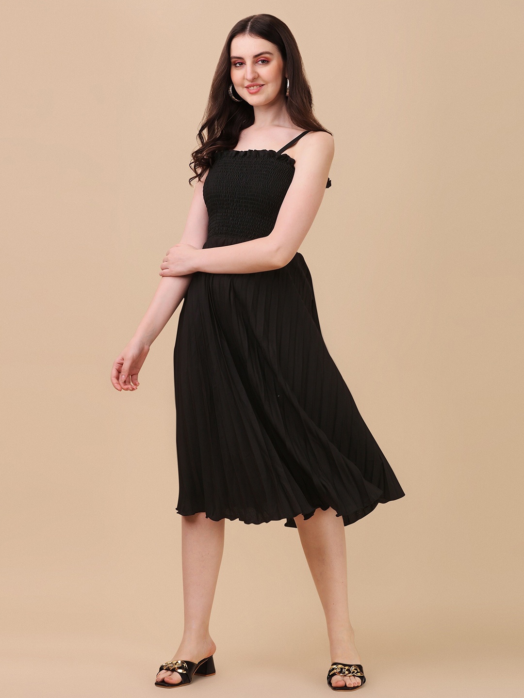 

SHEETAL Associates Shoulder Straps Sleeves Crepe Midi A-Line Dress, Black