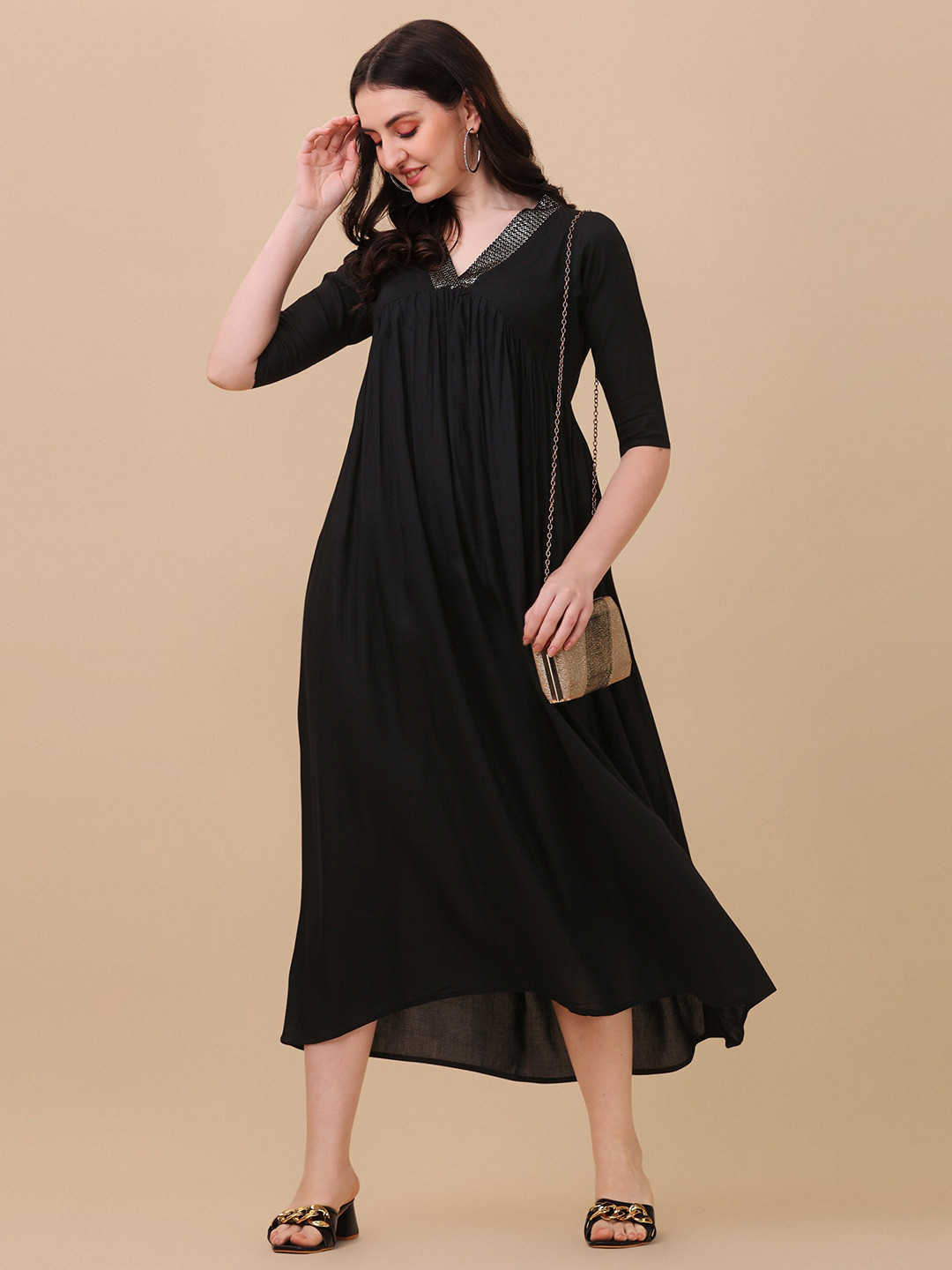 

SHEETAL Associates V-Neck A-Line Midi Dress, Black