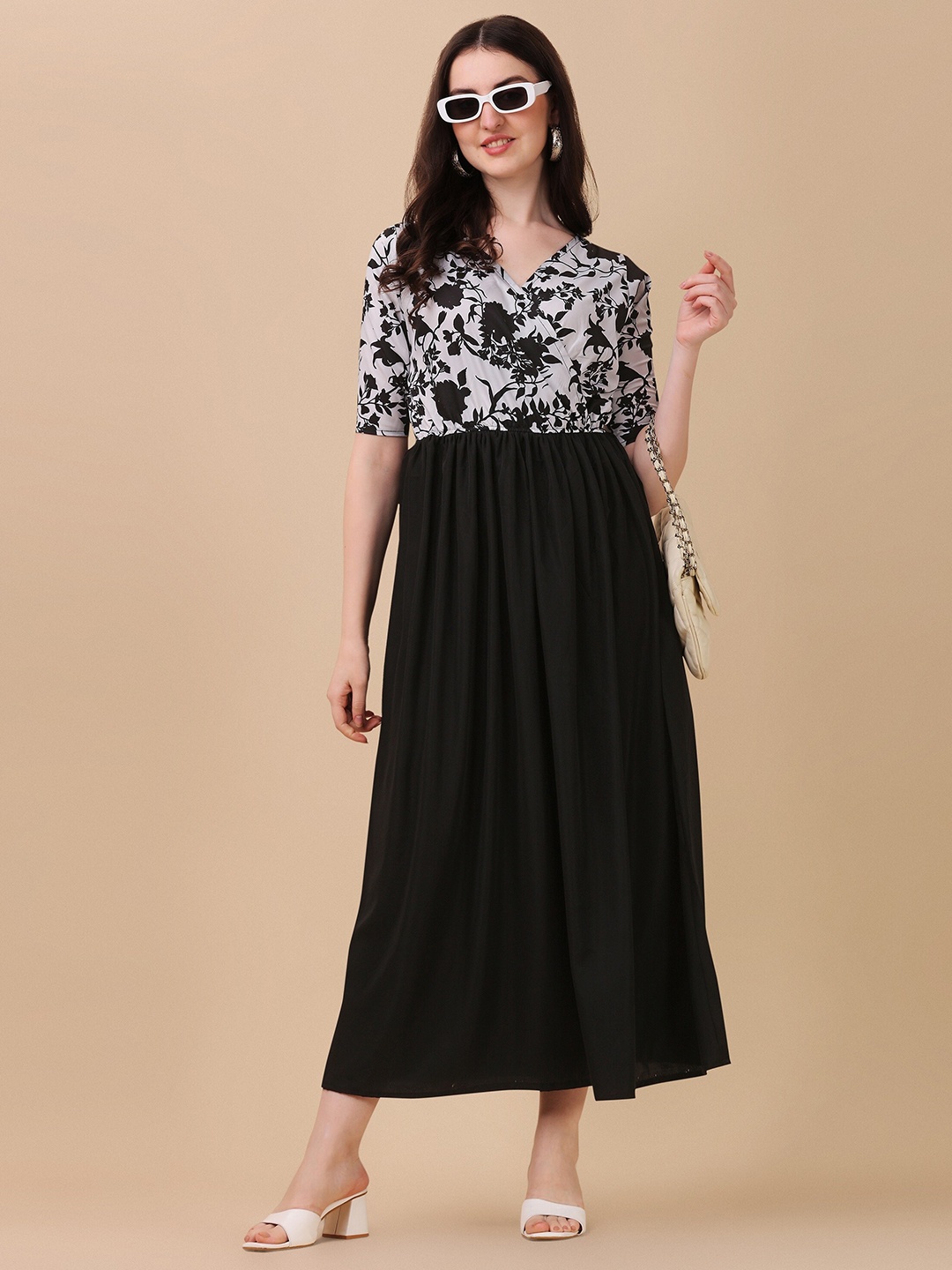 

SHEETAL Associates V-Neck Gathered Floral Printed Wrap Midi Dress, Black