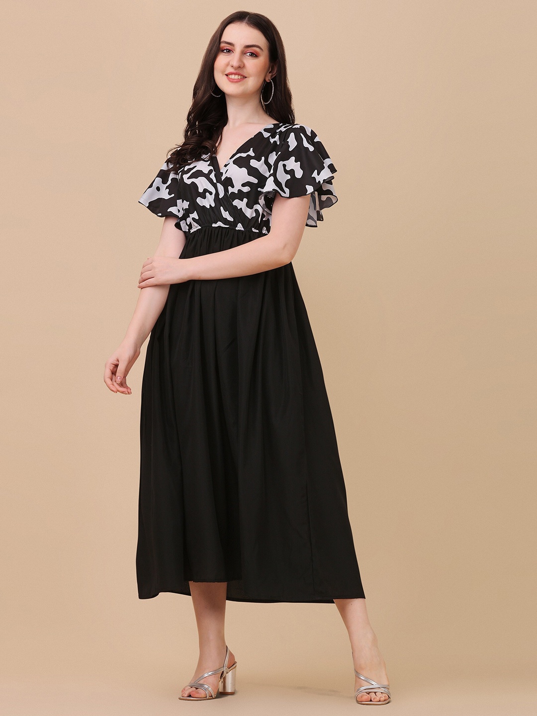 

SHEETAL Associates Flutter Sleeves Abstract Printed Wrap Midi Dress, Black