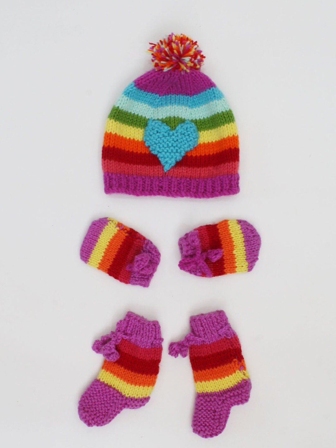 

Woonie Handmade Knitted Heart Detailing Cap With Mittens & Booties, Purple