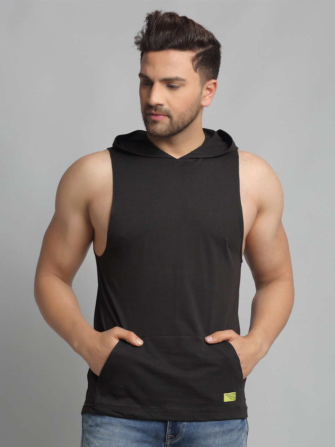 

Rigo Men Hooded Sleeveless Slim Fit Cotton Vest T-shirt, Black