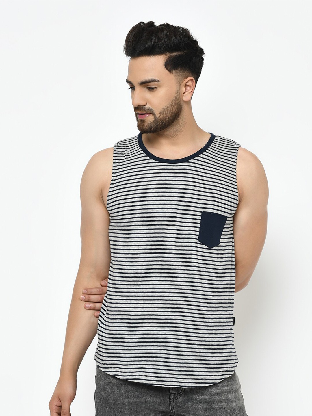 

Rigo Striped Slim Fit Sleeveless Cotton T-shirt, Grey