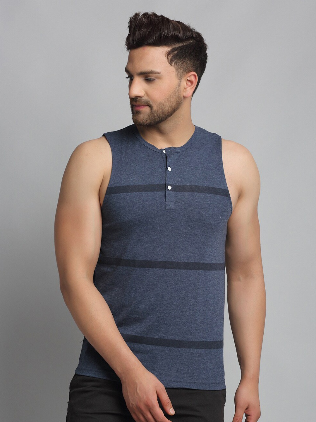 

Rigo Men Striped Henley Neck Cotton Slim Fit Sports T-shirt, Blue