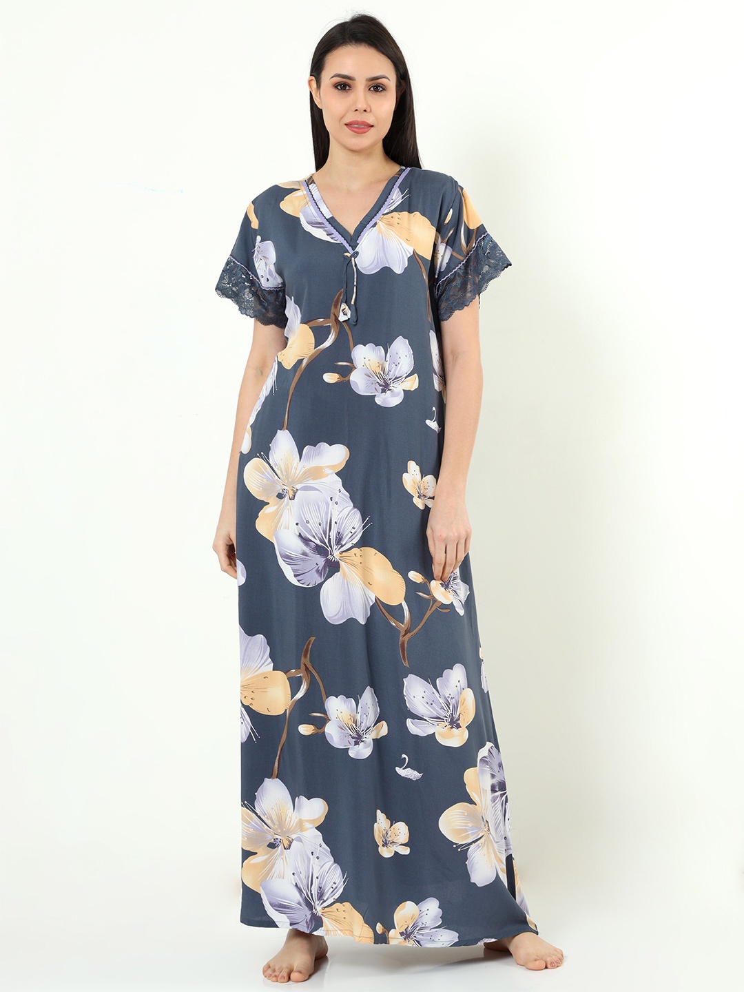 

9shines Label Floral Printed Maxi Nightdress, Grey