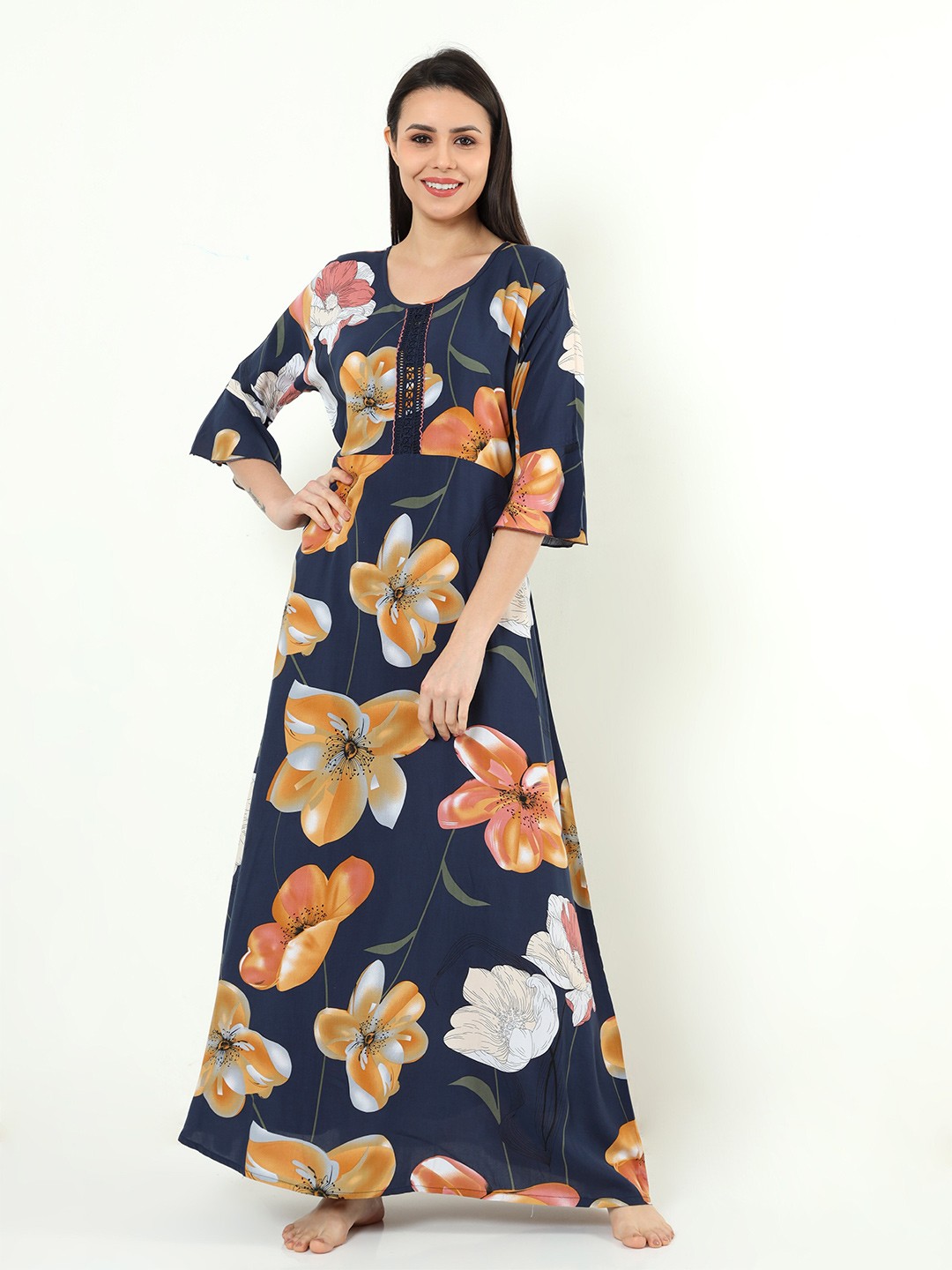 

9shines Label Floral Printed Maxi Nightdress, Navy blue
