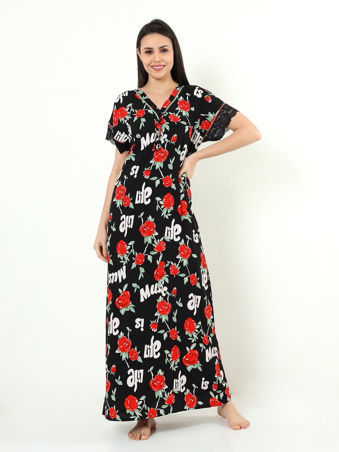 

9shines Label Floral Printed Maxi Nightdress, Black