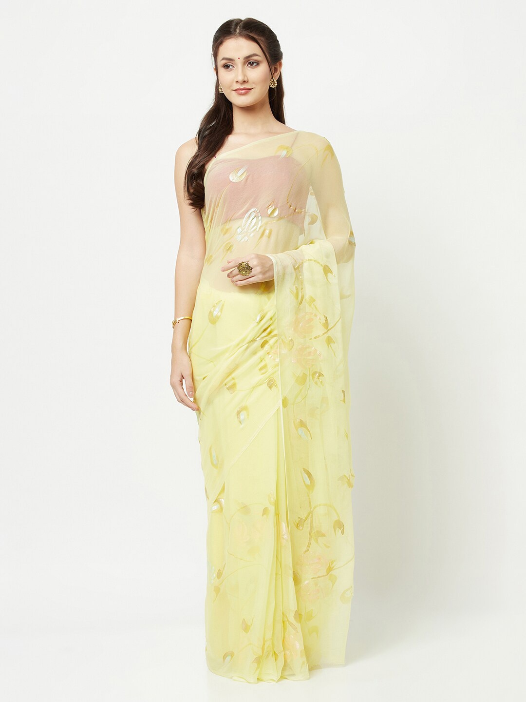 

La Vastraa Floral Printed Pure Chiffon Saree, Yellow