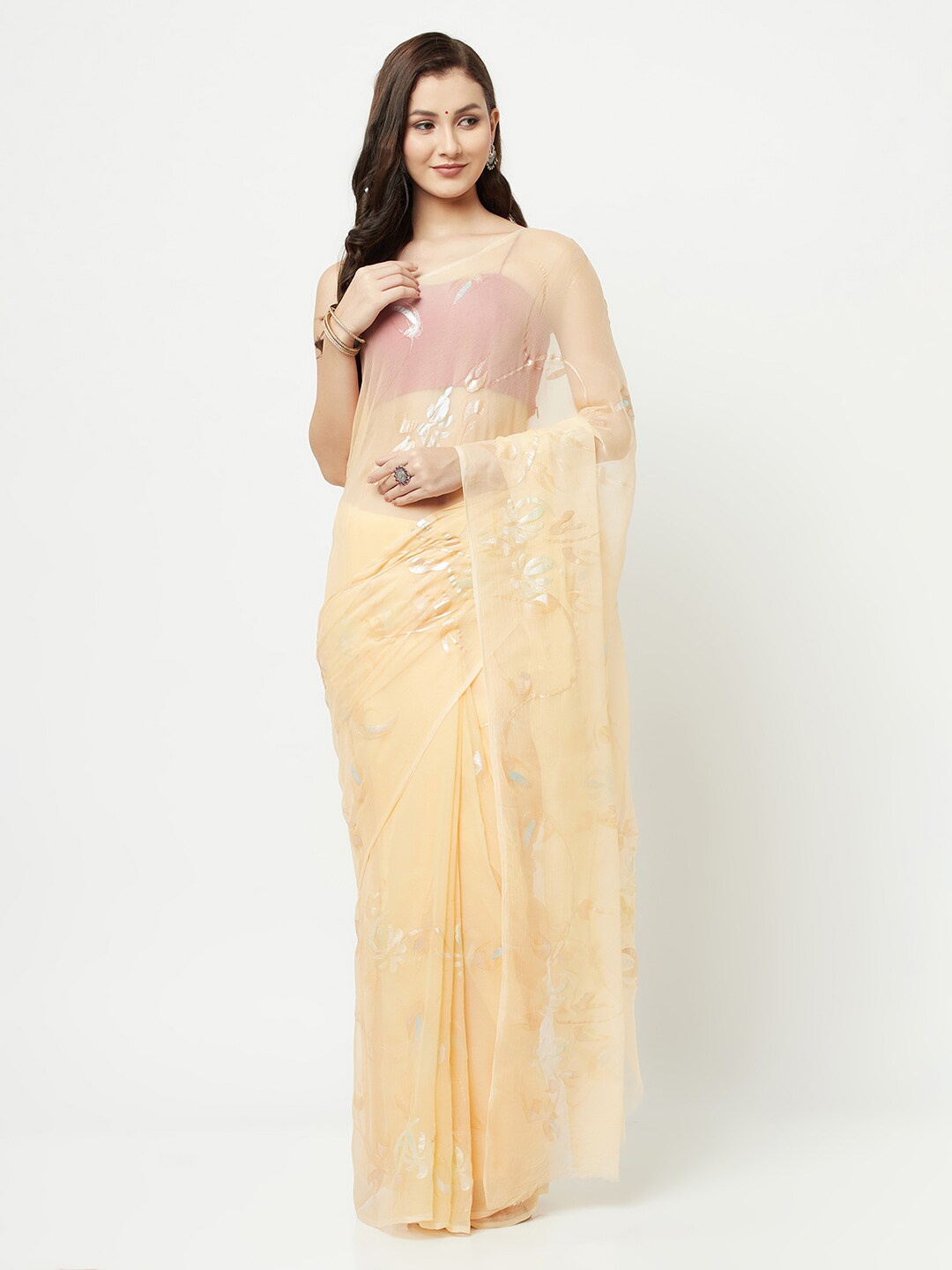 

La Vastraa Floral Printed Sheer Pure Chiffon Saree, Champagne