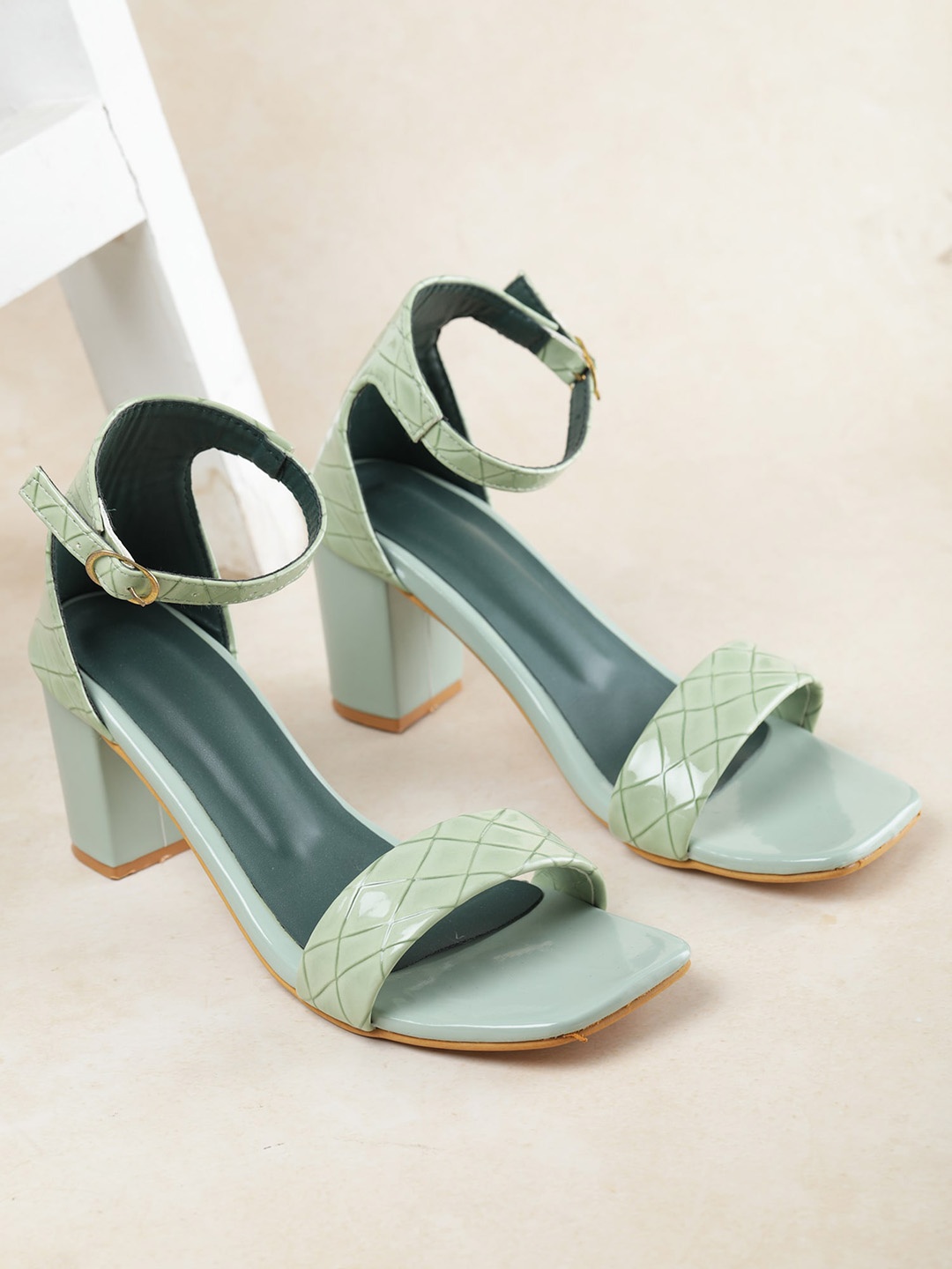 

Luv Byt Textured Open Toe Block Heels, Green